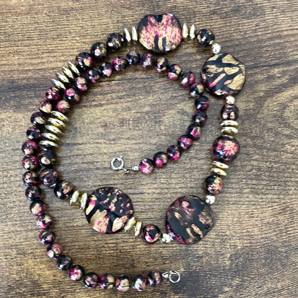 Gold and Painted Wood Bead 25 inch Necklace